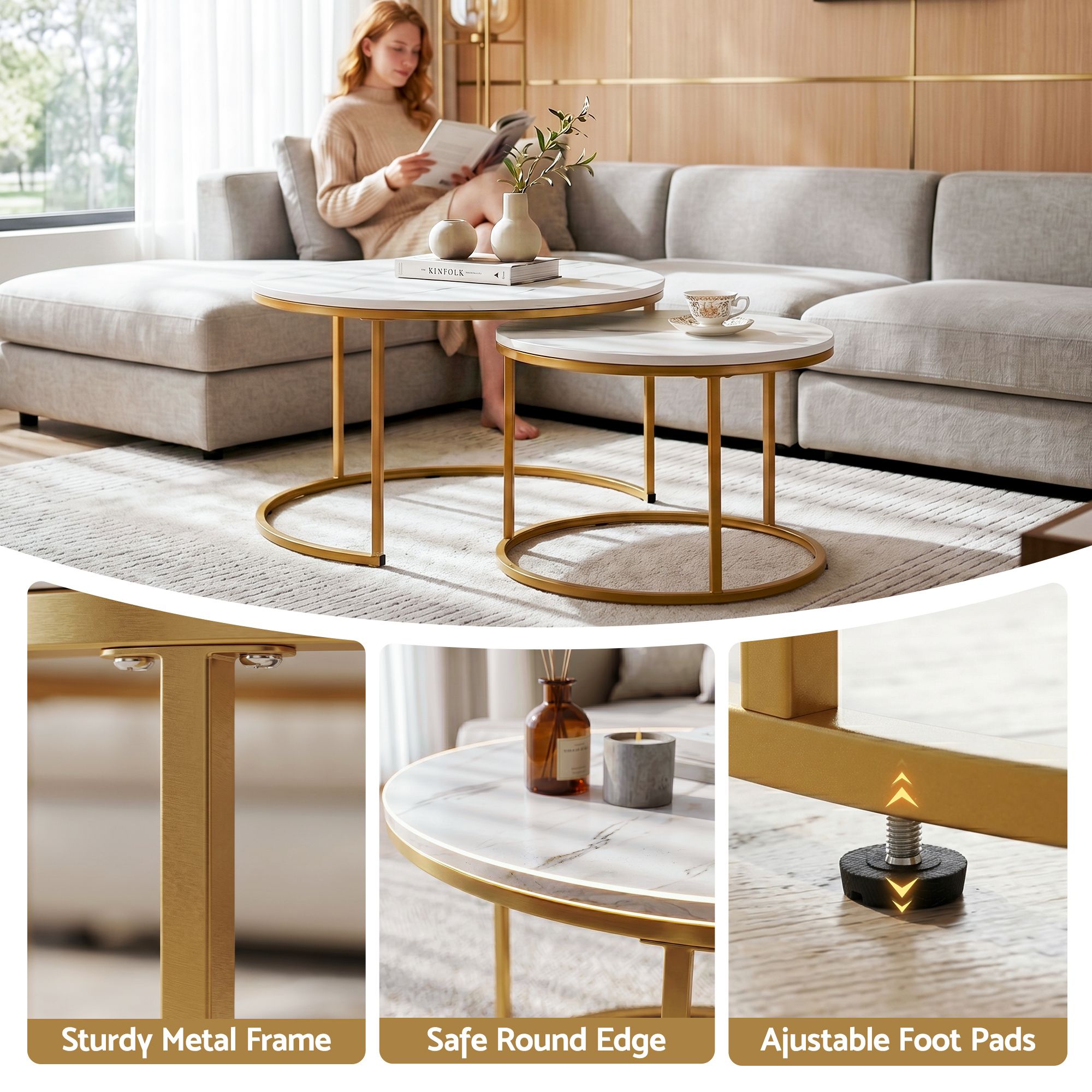 Nesting Coffee Table Set of 2 Round Marble Effect 70/50cm White & Gold - Furniture > Living Room > Coffee Tables - Rivercity House & Home Co. (ABN 18 642 972 209) - Affordable Modern Furniture Australia