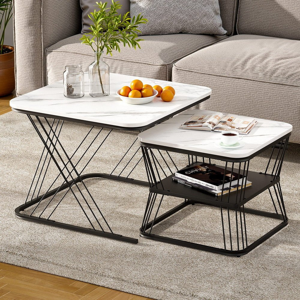 Nesting Coffee Table Set of 2 with Marble Effect Tabletops - White & Black - Furniture > Living Room > Coffee Tables - Rivercity House & Home Co. (ABN 18 642 972 209) - Affordable Modern Furniture Australia