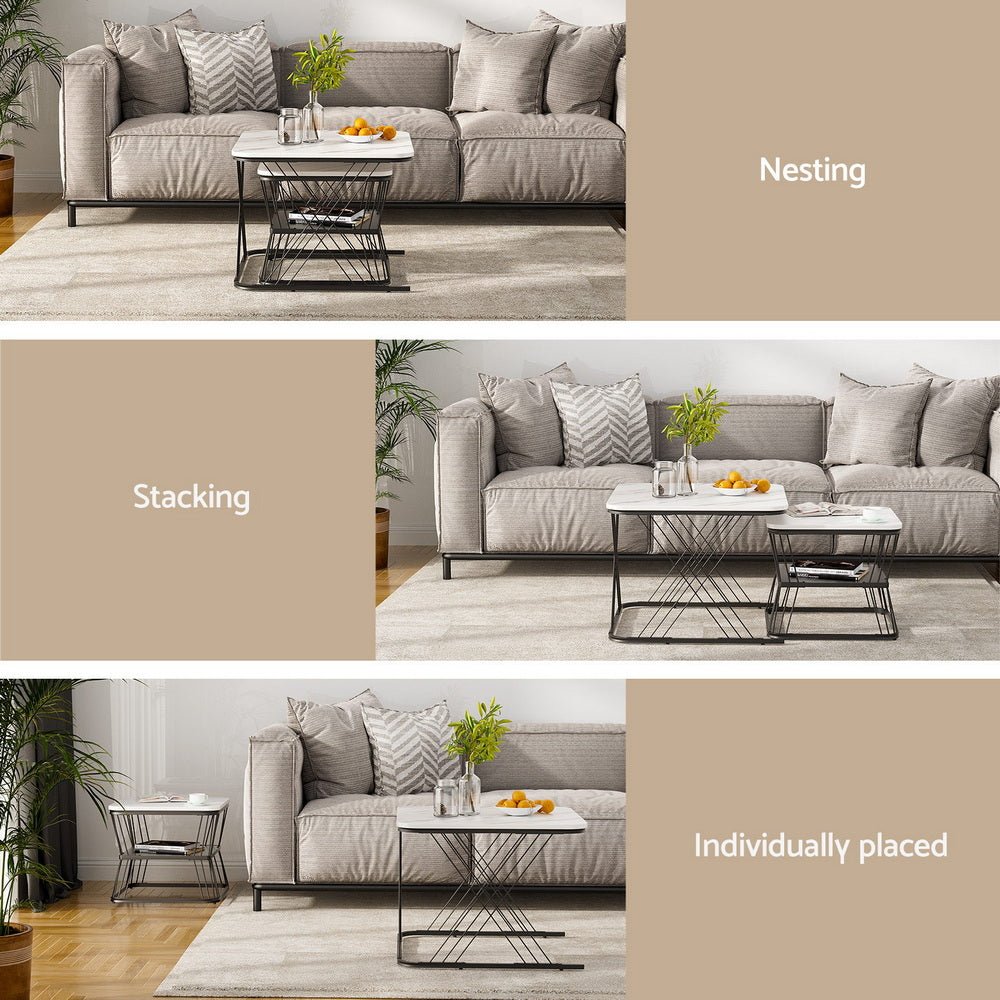 Nesting Coffee Table Set of 2 with Marble Effect Tabletops - White & Black - Furniture > Living Room > Coffee Tables - Rivercity House & Home Co. (ABN 18 642 972 209) - Affordable Modern Furniture Australia