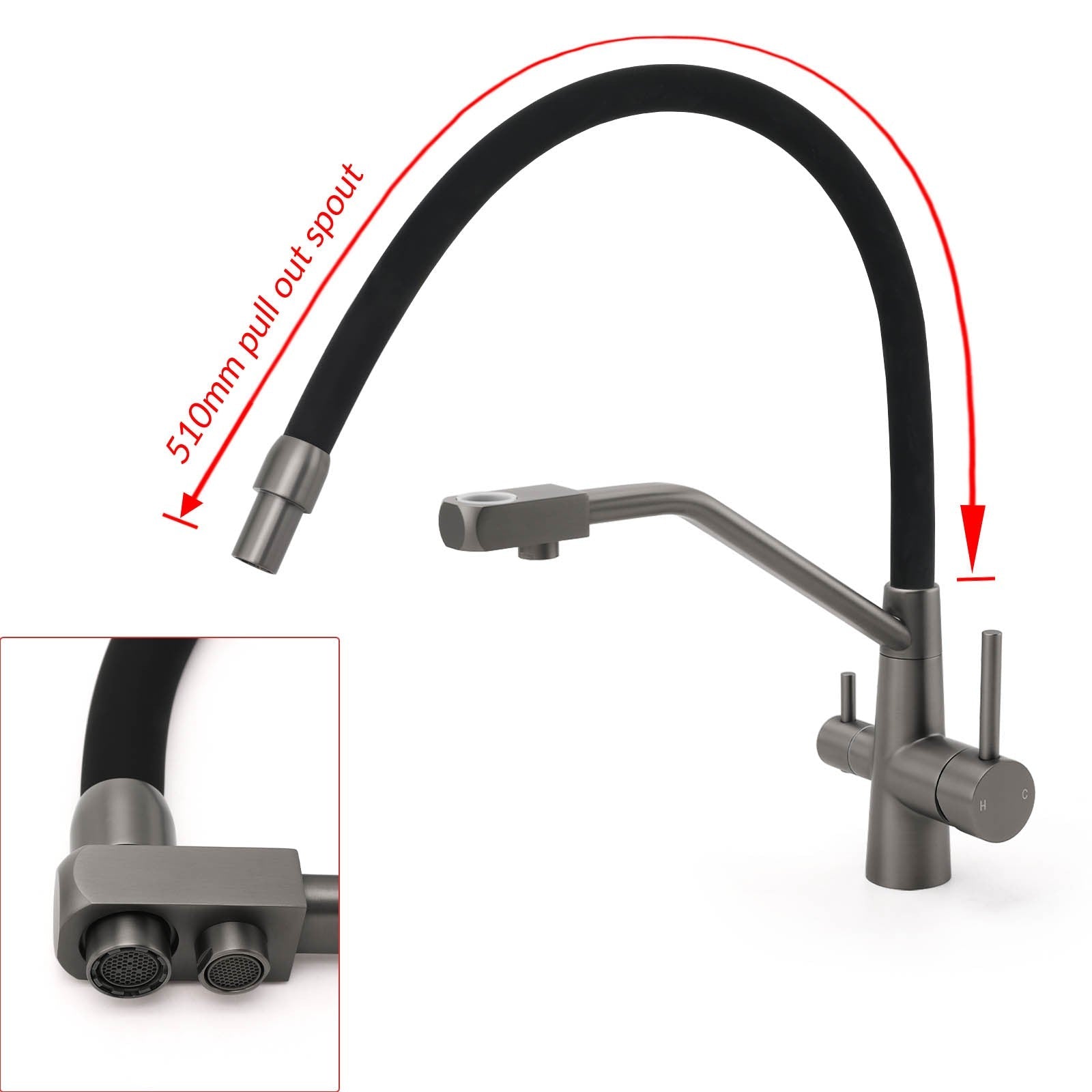 NEW Gun Metal Grey 3 - Way Drink Pure Water Kitchen Mixer Pull Out Spout Sink Tap - Furniture > Bathroom > Shower Heads & Screens - Rivercity House & Home Co. (ABN 18 642 972 209) - Affordable Modern Furniture Australia