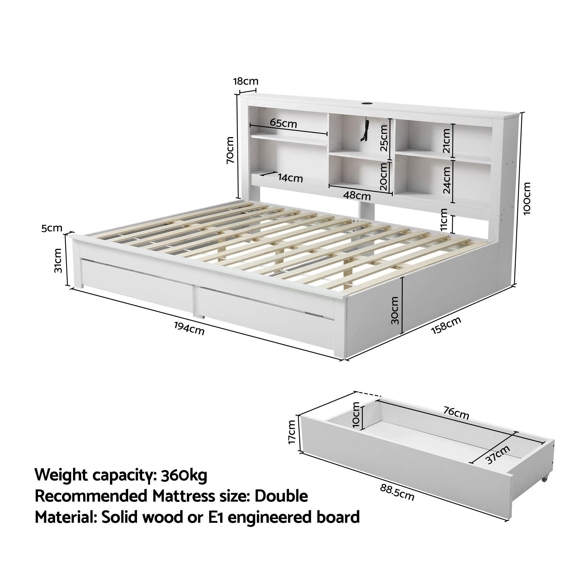 Noise-Free White Farmhouse Solid Wood Double Platform Bed Frame with Storage Headboard, Charging Station and Drawers for Bedroom and Apartment - Furniture > Bedroom > Beds & Bed Frames - Rivercity House & Home Co. (ABN 18 642 972 209) - Affordable Modern Furniture Australia