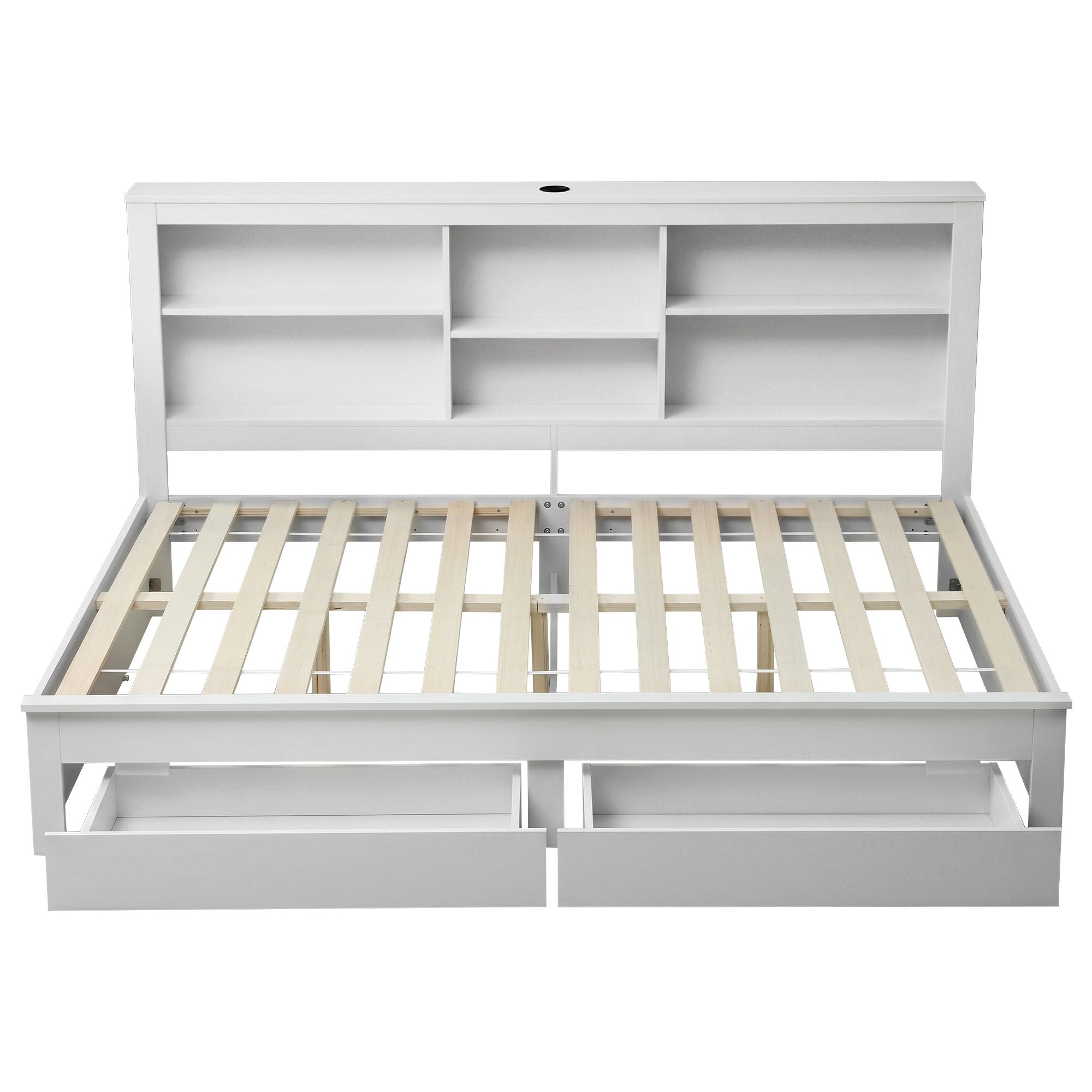Noise-Free White Farmhouse Solid Wood Double Platform Bed Frame with Storage Headboard, Charging Station and Drawers for Bedroom and Apartment - Furniture > Bedroom > Beds & Bed Frames - Rivercity House & Home Co. (ABN 18 642 972 209) - Affordable Modern Furniture Australia
