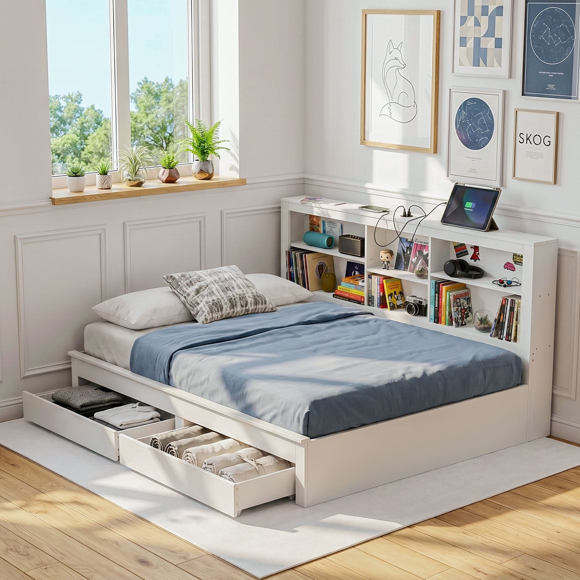 Noise-Free White Farmhouse Solid Wood Double Platform Bed Frame with Storage Headboard, Charging Station and Drawers for Bedroom and Apartment - Furniture > Bedroom > Beds & Bed Frames - Rivercity House & Home Co. (ABN 18 642 972 209) - Affordable Modern Furniture Australia