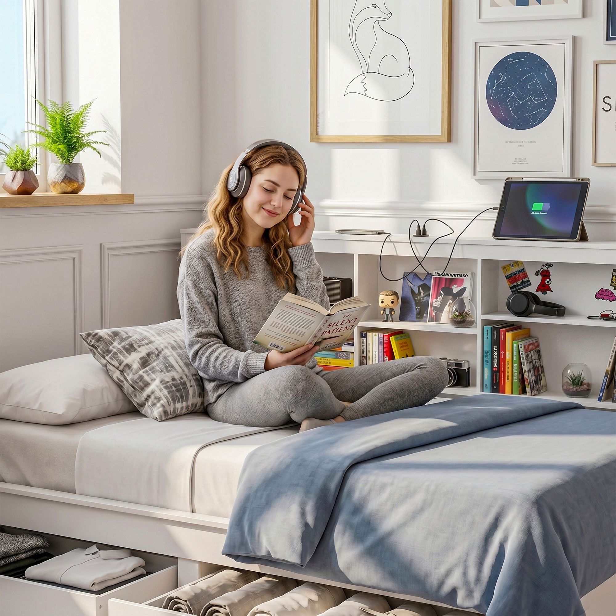 Noise-Free White Farmhouse Solid Wood Double Platform Bed Frame with Storage Headboard, Charging Station and Drawers for Bedroom and Apartment - Furniture > Bedroom > Beds & Bed Frames - Rivercity House & Home Co. (ABN 18 642 972 209) - Affordable Modern Furniture Australia