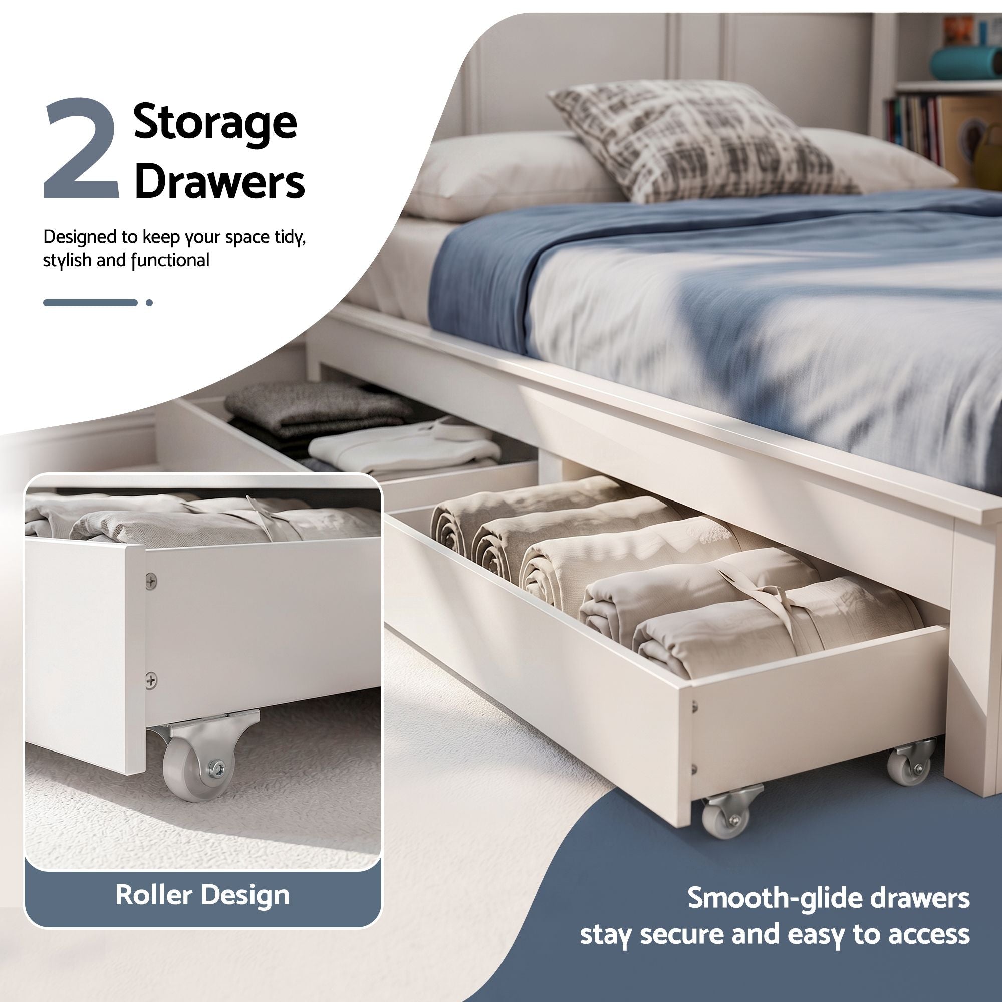 Noise-Free White Farmhouse Solid Wood Double Platform Bed Frame with Storage Headboard, Charging Station and Drawers for Bedroom and Apartment - Furniture > Bedroom > Beds & Bed Frames - Rivercity House & Home Co. (ABN 18 642 972 209) - Affordable Modern Furniture Australia