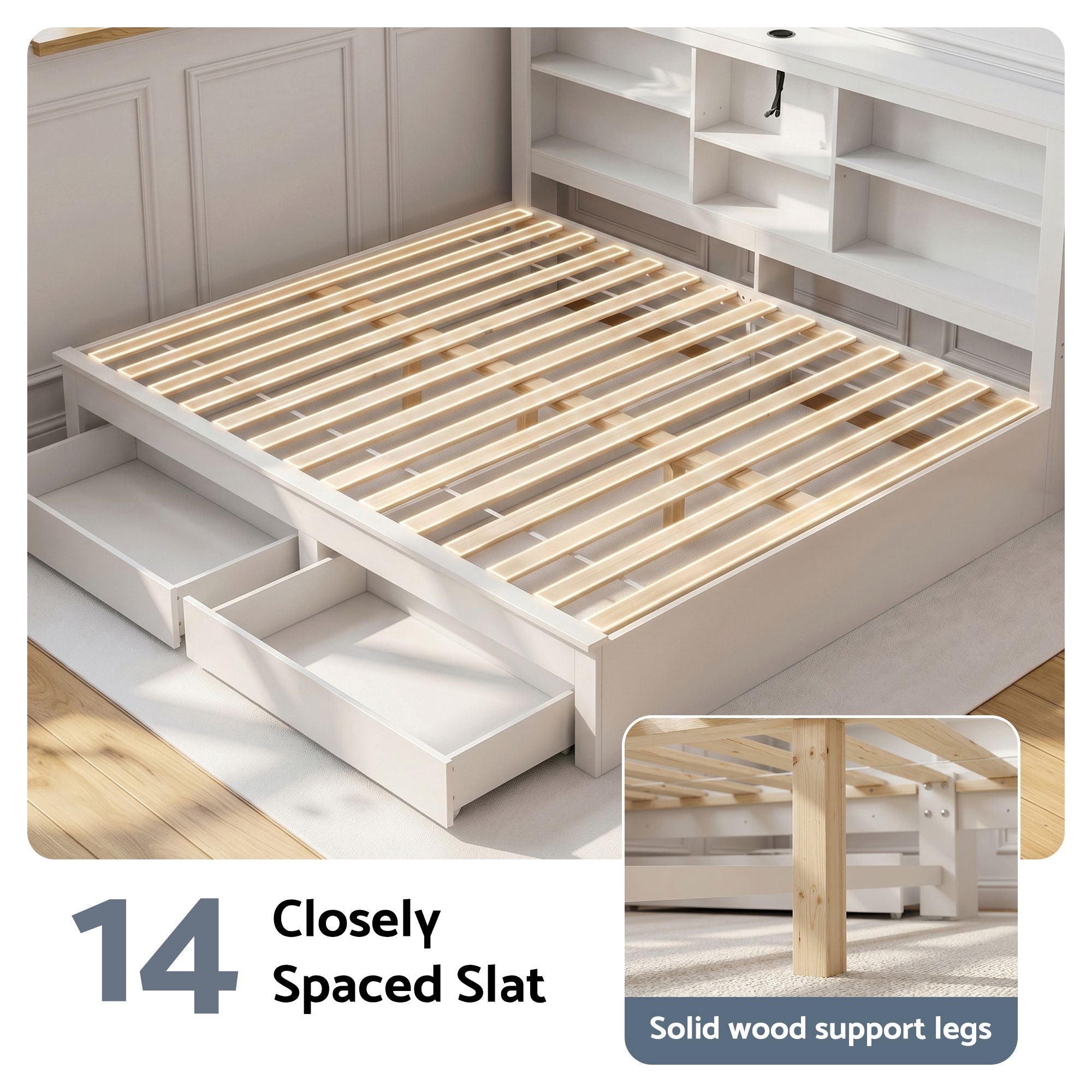 Noise-Free White Farmhouse Solid Wood Double Platform Bed Frame with Storage Headboard, Charging Station and Drawers for Bedroom and Apartment - Furniture > Bedroom > Beds & Bed Frames - Rivercity House & Home Co. (ABN 18 642 972 209) - Affordable Modern Furniture Australia