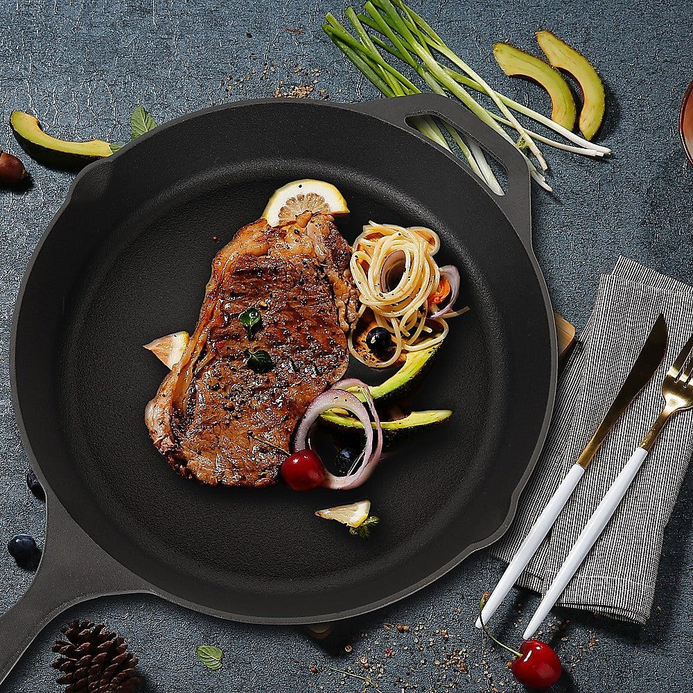 Non - stick Frying Pan Cast Iron Steak Skillet Round BBQ Grill Cookware 30cm - Home & Garden > Kitchenware > Skillets & Frying Pans - Rivercity House & Home Co. (ABN 18 642 972 209) - Affordable Modern Furniture Australia