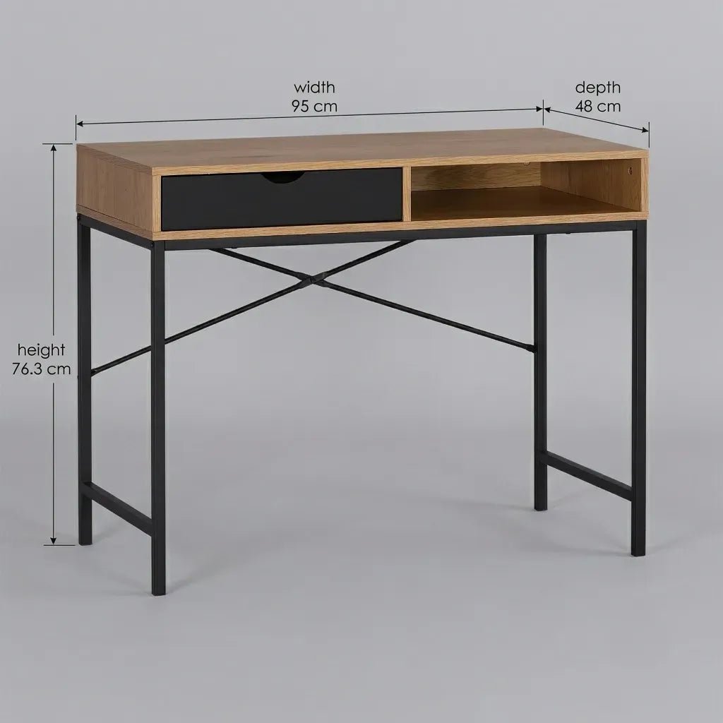 Oak Computer Desk with Drawer and Steel Frame Rustic Office Desk - Brown - Furniture > Office > Desks - Rivercity House & Home Co. (ABN 18 642 972 209) - Affordable Modern Furniture Australia