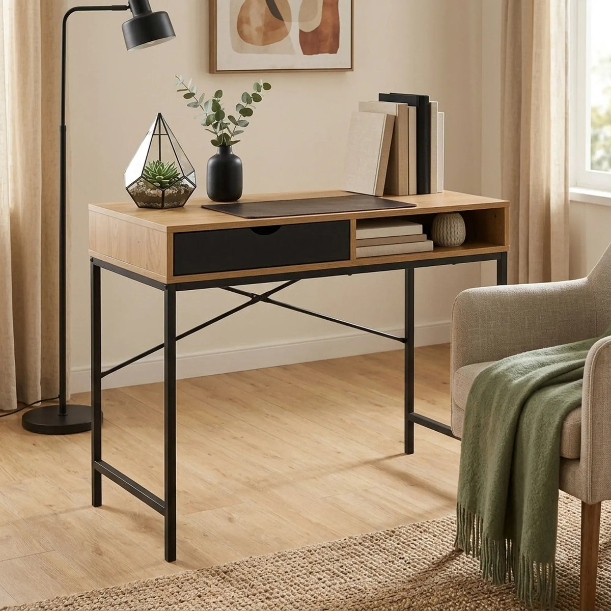 Oak Computer Desk with Drawer and Steel Frame Rustic Office Desk - Brown - Furniture > Office > Desks - Rivercity House & Home Co. (ABN 18 642 972 209) - Affordable Modern Furniture Australia