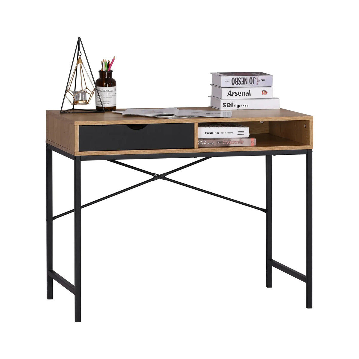 Oak Computer Desk with Drawer and Steel Frame Rustic Office Desk - Brown - Furniture > Office > Desks - Rivercity House & Home Co. (ABN 18 642 972 209) - Affordable Modern Furniture Australia