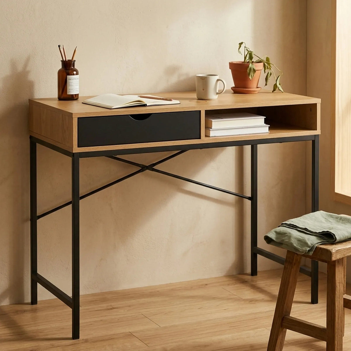Oak Computer Desk with Drawer and Steel Frame Rustic Office Desk - Brown - Furniture > Office > Desks - Rivercity House & Home Co. (ABN 18 642 972 209) - Affordable Modern Furniture Australia