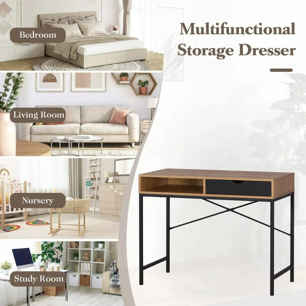 Oak Computer Desk with Drawer and Steel Frame Rustic Office Desk - Brown - Furniture > Office > Desks - Rivercity House & Home Co. (ABN 18 642 972 209) - Affordable Modern Furniture Australia
