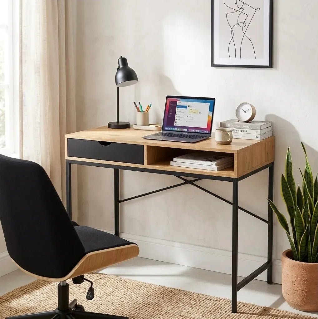 Oak Computer Desk with Drawer and Steel Frame Rustic Office Desk - Brown - Furniture > Office > Desks - Rivercity House & Home Co. (ABN 18 642 972 209) - Affordable Modern Furniture Australia
