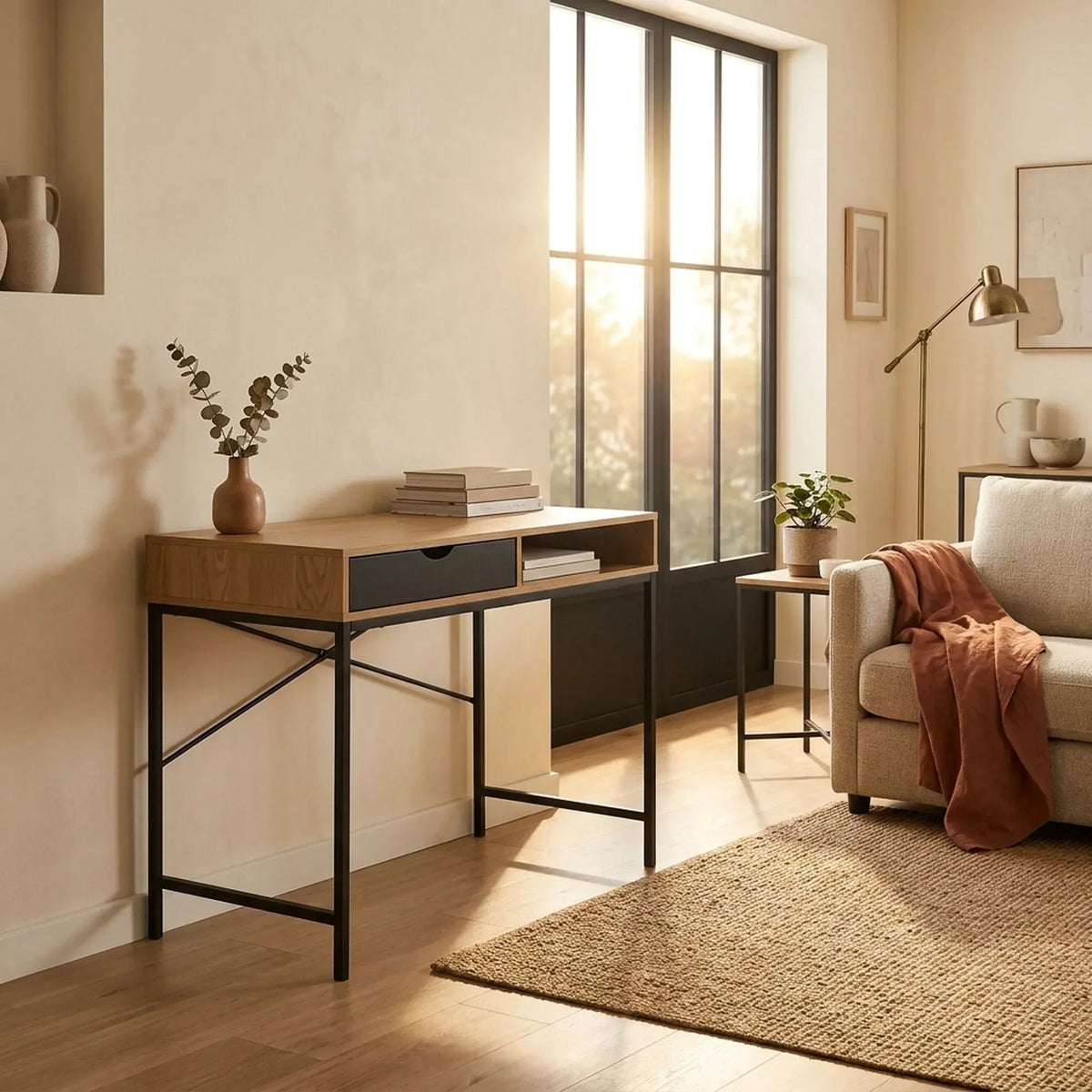 Oak Computer Desk with Drawer and Steel Frame Rustic Office Desk - Brown - Furniture > Office > Desks - Rivercity House & Home Co. (ABN 18 642 972 209) - Affordable Modern Furniture Australia