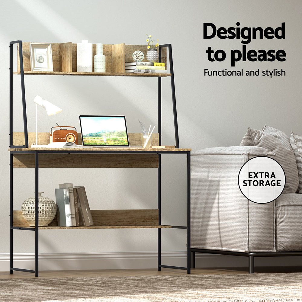 Oak Computer Desk Workstation with Bookshelf Storage - Mid - Season Super Sale - Rivercity House & Home Co. (ABN 18 642 972 209) - Affordable Modern Furniture Australia