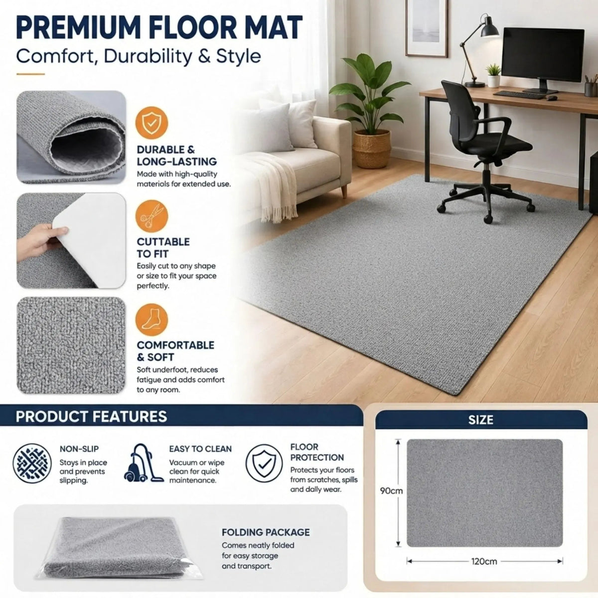 Office Chair Mat Hard Floor Protector 120x90 cm Anti-Slip - White - Home & Garden > Home Office Accessories > Desk Accessories - Rivercity House & Home Co. (ABN 18 642 972 209) - Affordable Modern Furniture Australia