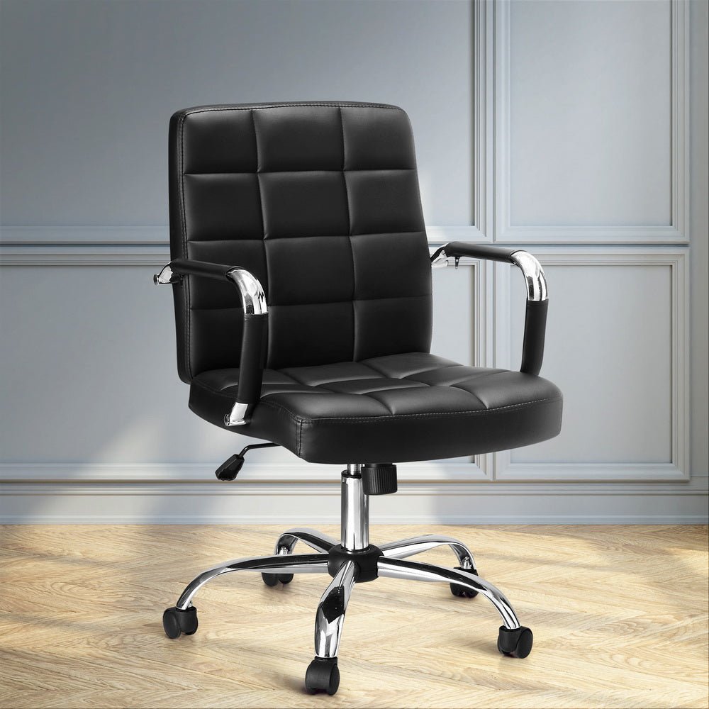 Office Chair PU Leather Mid Back Black - Furniture > Office > Office & Desk Chairs - Rivercity House & Home Co. (ABN 18 642 972 209) - Affordable Modern Furniture Australia