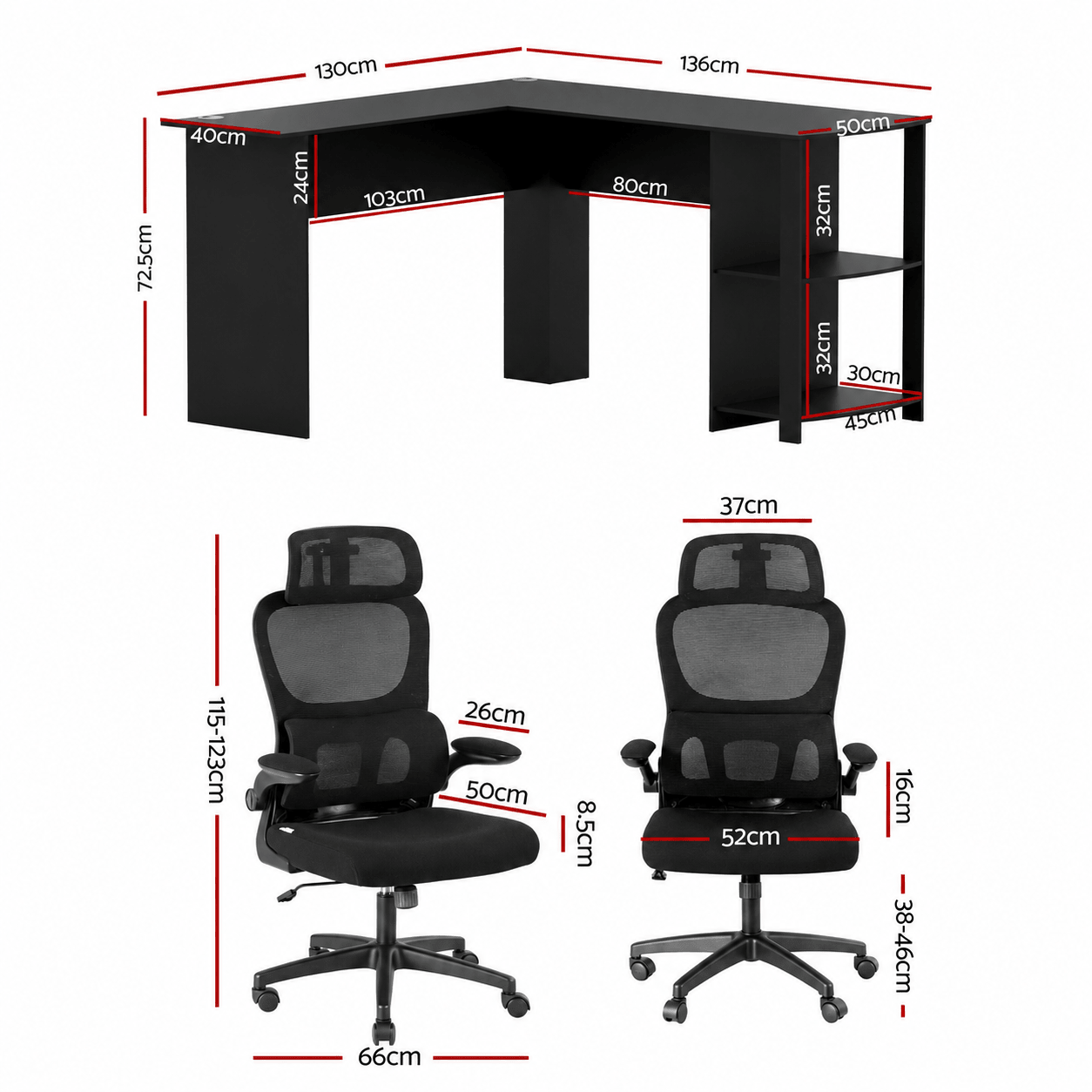 Office Desk and Chair Set L Shaped Computer Desk 136cm with 2 Tier Storage Shelves, Ergonomic Mesh Office Chair with Adjustable Headrest, Flip-Up Armrests & Lumbar Support - Furniture > Office > Desks - Rivercity House & Home Co. (ABN 18 642 972 209) - Affordable Modern Furniture Australia