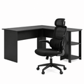 L-Shaped Office Desk 136cm with 2-Tier Storage Shelves and Ergonomic Mesh Chair with Adjustable Headrest, Flip-Up Armrests & Lumbar Support - Black