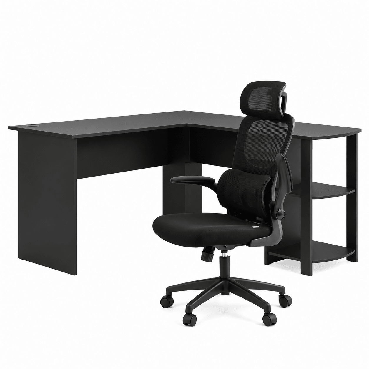 Office Desk and Chair Set L Shaped Computer Desk 136cm with 2 Tier Storage Shelves, Ergonomic Mesh Office Chair with Adjustable Headrest, Flip-Up Armrests & Lumbar Support - Furniture > Office > Desks - Rivercity House & Home Co. (ABN 18 642 972 209) - Affordable Modern Furniture Australia