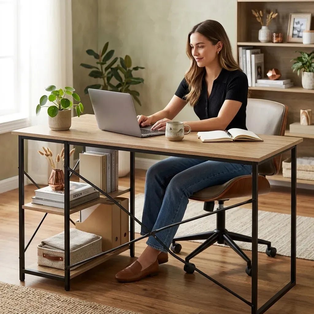 Office Desk with 2 Shelves Metal Frame 120cm Rustic - Brown - Furniture > Office > Desks - Rivercity House & Home Co. (ABN 18 642 972 209) - Affordable Modern Furniture Australia