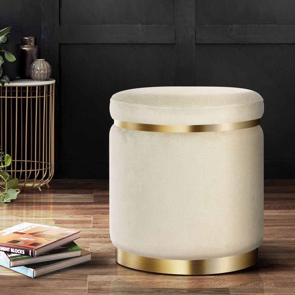 Ottoman Foot Stool Round Velvet Cream - Furniture > Living Room > Ottomans & Footstools - Rivercity House & Home Co. (ABN 18 642 972 209) - Affordable Modern Furniture Australia
