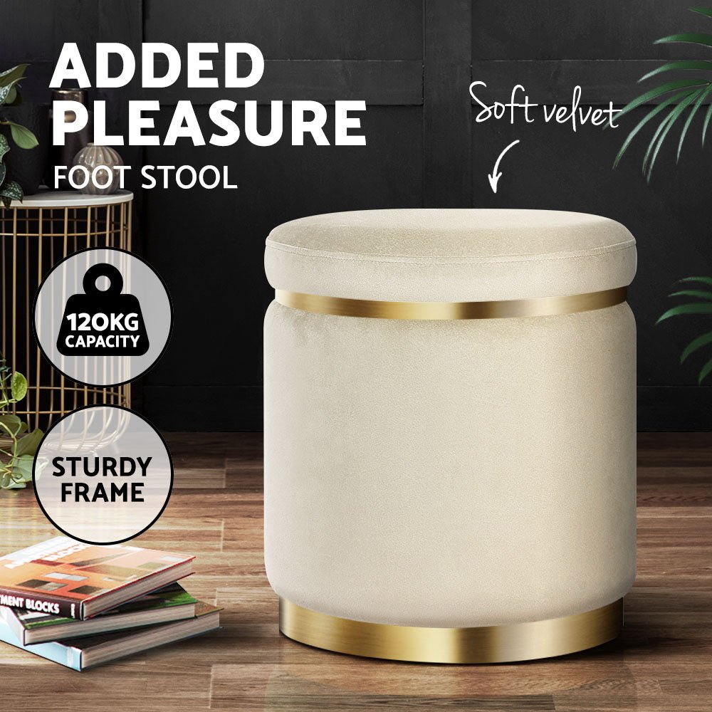 Ottoman Foot Stool Round Velvet Cream - Furniture > Living Room > Ottomans & Footstools - Rivercity House & Home Co. (ABN 18 642 972 209) - Affordable Modern Furniture Australia