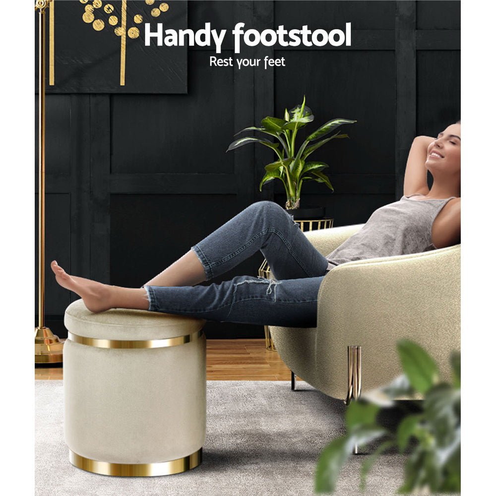 Ottoman Foot Stool Round Velvet Cream - Furniture > Living Room > Ottomans & Footstools - Rivercity House & Home Co. (ABN 18 642 972 209) - Affordable Modern Furniture Australia