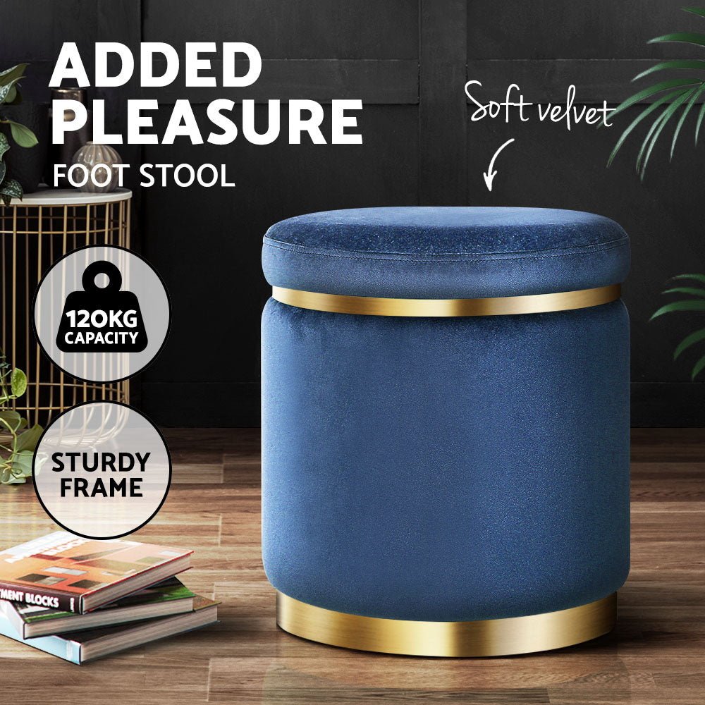 Ottoman Foot Stool Round Velvet Navy - Furniture > Living Room > Ottomans & Footstools - Rivercity House & Home Co. (ABN 18 642 972 209) - Affordable Modern Furniture Australia