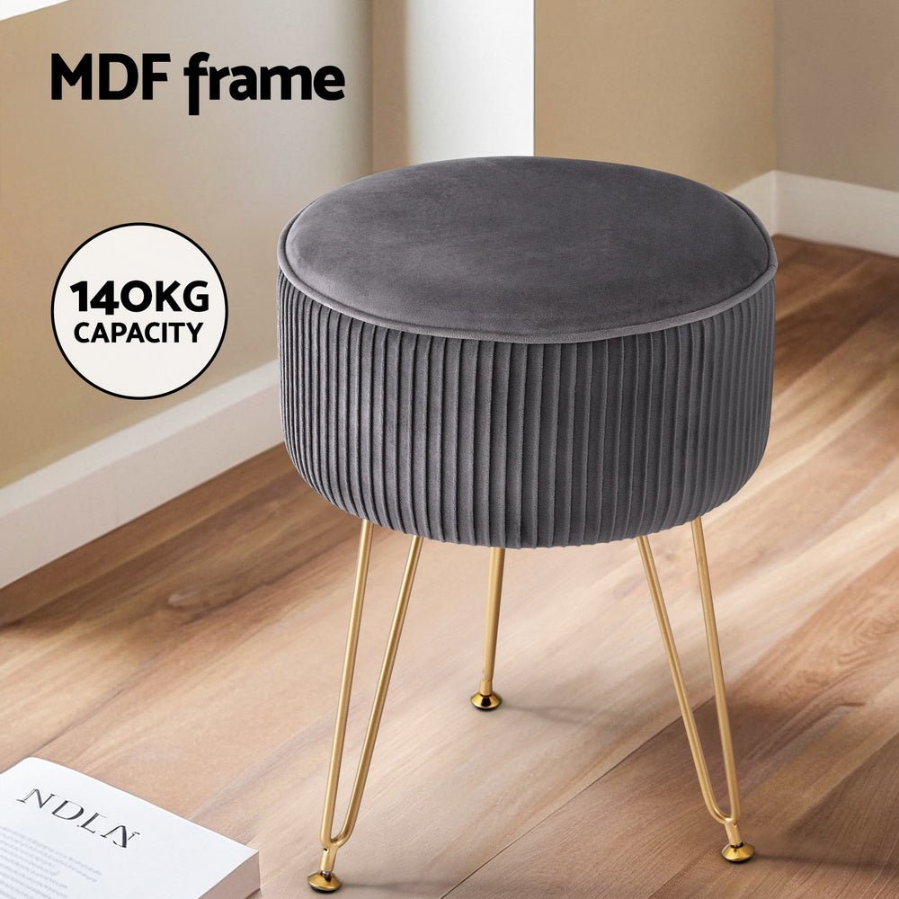 Ottoman Foot Stool Vanity Velvet Round Grey - Furniture > Living Room > Ottomans & Footstools - Rivercity House & Home Co. (ABN 18 642 972 209) - Affordable Modern Furniture Australia