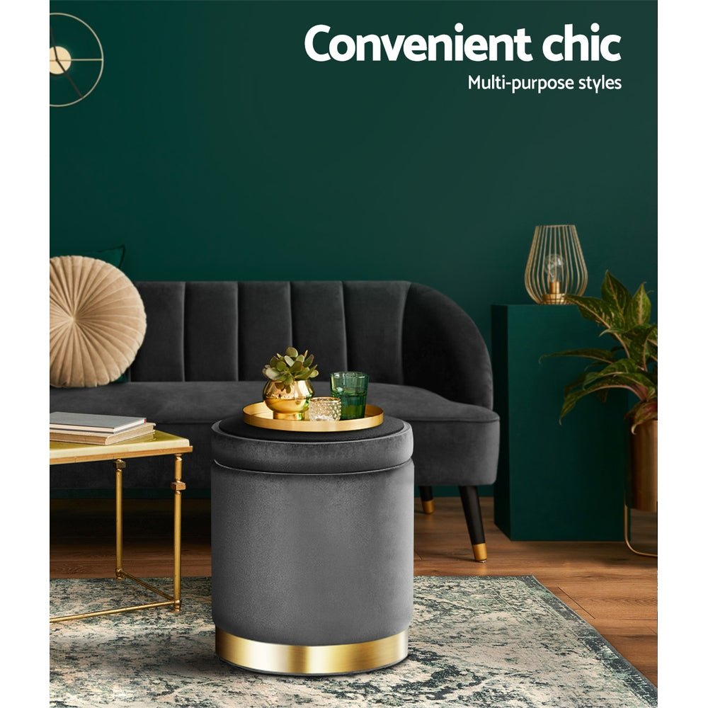 Ottoman Storage Foot Stool Round Velvet Charcoal - Furniture > Living Room > Ottomans & Footstools - Rivercity House & Home Co. (ABN 18 642 972 209) - Affordable Modern Furniture Australia