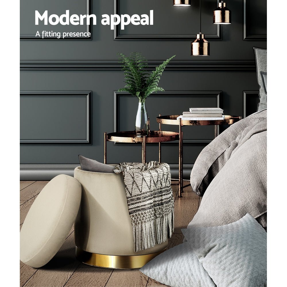 Ottoman Storage Foot Stool Round Velvet Cream - Furniture > Living Room > Ottomans & Footstools - Rivercity House & Home Co. (ABN 18 642 972 209) - Affordable Modern Furniture Australia