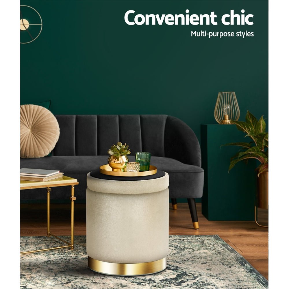 Ottoman Storage Foot Stool Round Velvet Cream - Furniture > Living Room > Ottomans & Footstools - Rivercity House & Home Co. (ABN 18 642 972 209) - Affordable Modern Furniture Australia