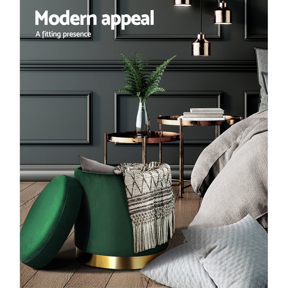 Ottoman Storage Foot Stool Round Velvet Green - Furniture > Living Room > Ottomans & Footstools - Rivercity House & Home Co. (ABN 18 642 972 209) - Affordable Modern Furniture Australia