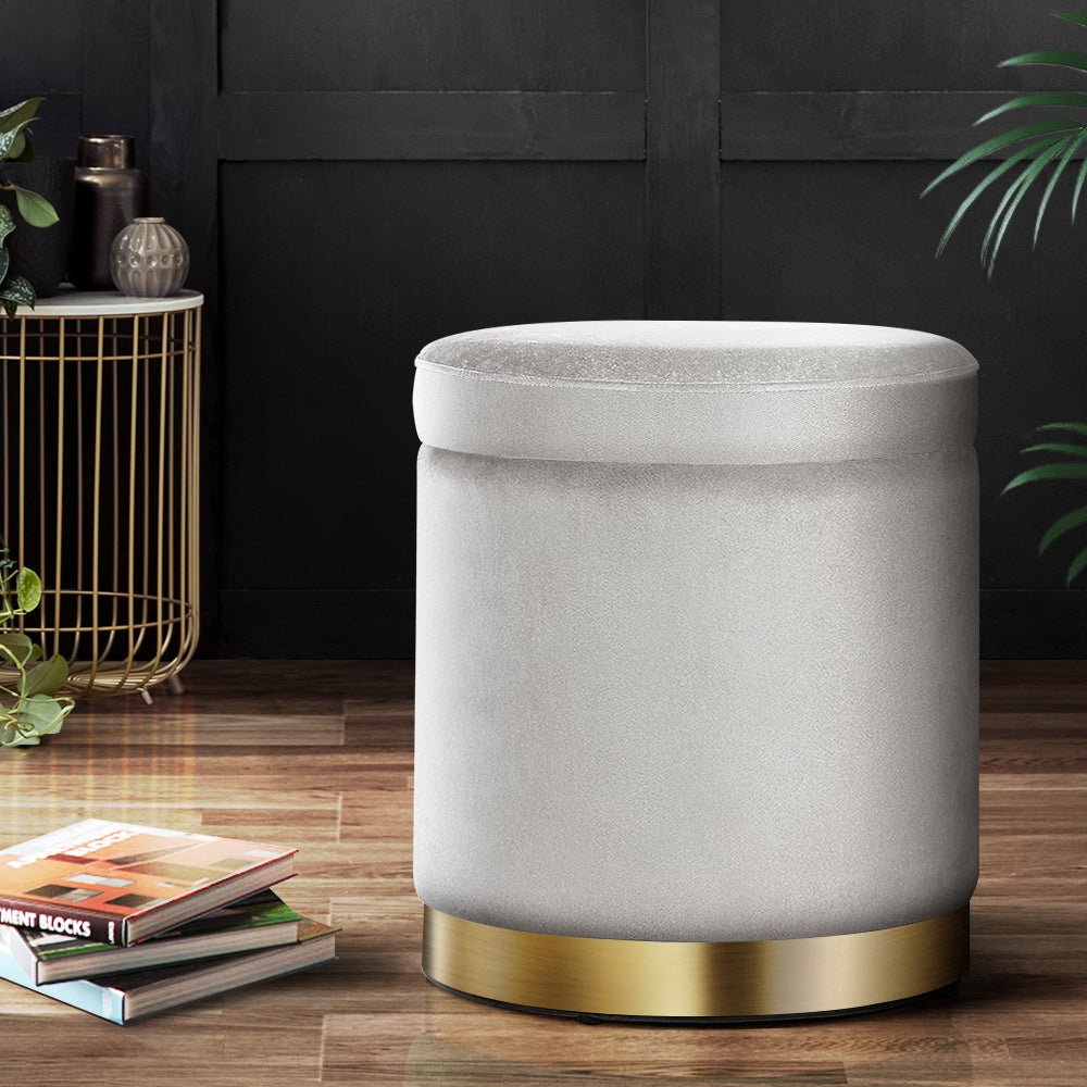 Ottoman Storage Foot Stool Round Velvet Grey - Furniture > Living Room > Ottomans & Footstools - Rivercity House & Home Co. (ABN 18 642 972 209) - Affordable Modern Furniture Australia