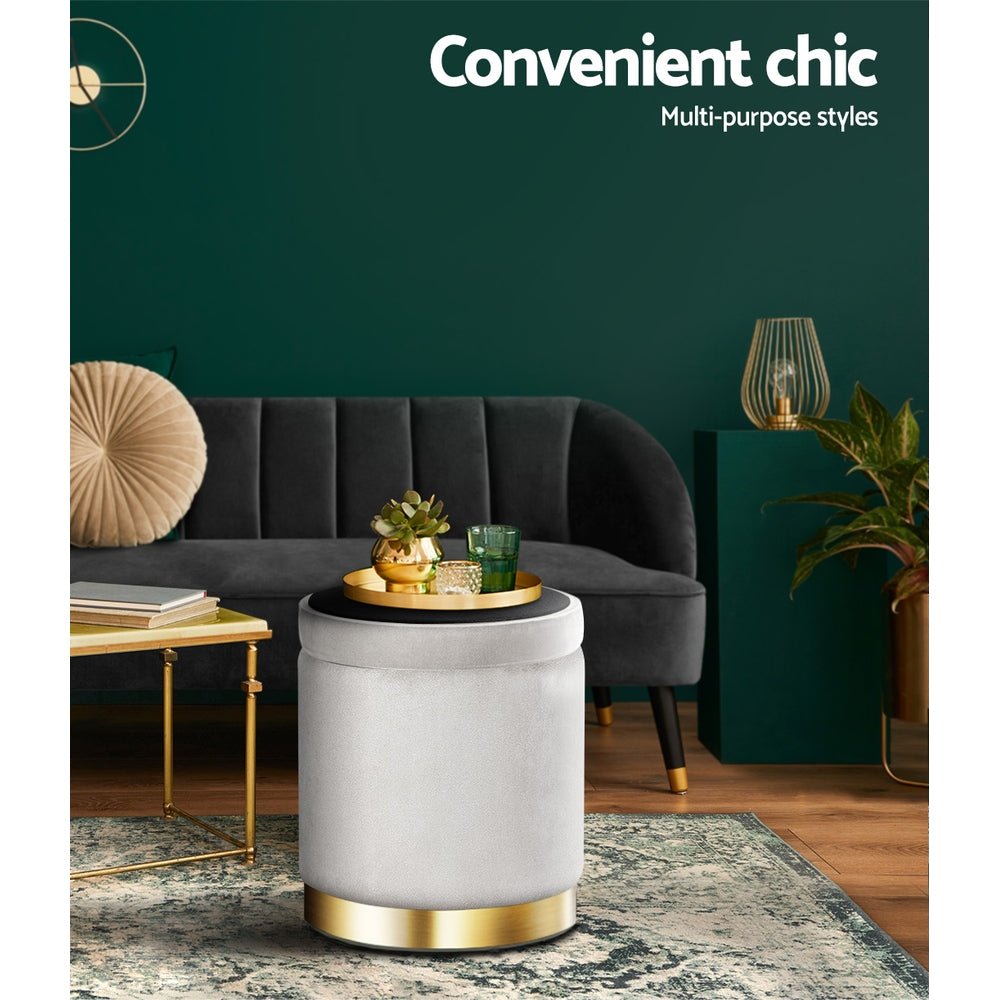 Ottoman Storage Foot Stool Round Velvet Grey - Furniture > Living Room > Ottomans & Footstools - Rivercity House & Home Co. (ABN 18 642 972 209) - Affordable Modern Furniture Australia