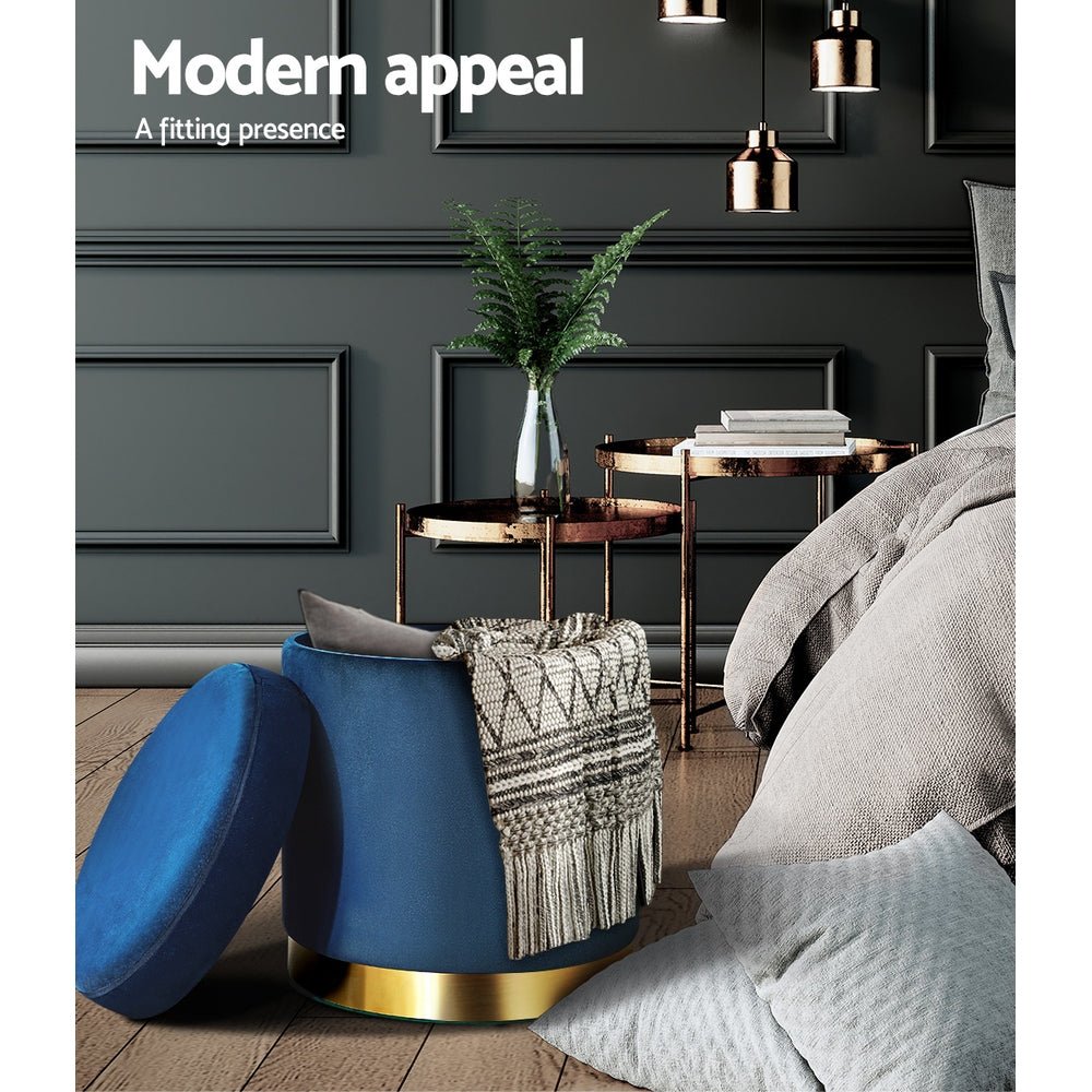 Ottoman Storage Foot Stool Round Velvet Navy - Furniture > Living Room > Ottomans & Footstools - Rivercity House & Home Co. (ABN 18 642 972 209) - Affordable Modern Furniture Australia