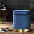 Round Velvet Ottoman Storage Footstool with Gold Ring - Navy