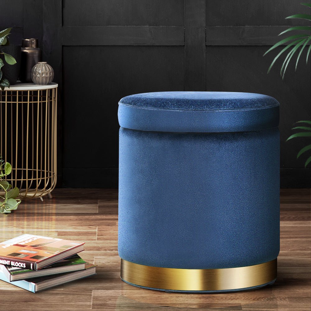 Ottoman Storage Foot Stool Round Velvet Navy - Furniture > Living Room > Ottomans & Footstools - Rivercity House & Home Co. (ABN 18 642 972 209) - Affordable Modern Furniture Australia