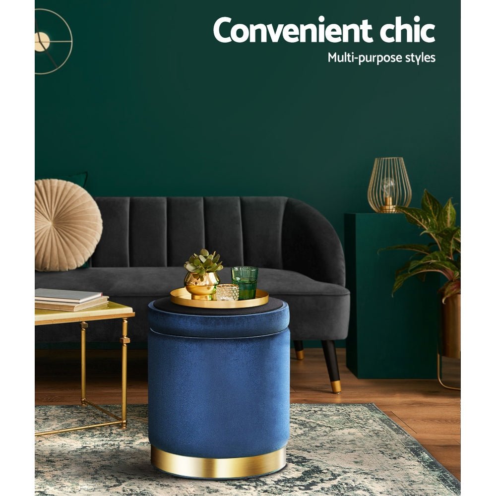 Ottoman Storage Foot Stool Round Velvet Navy - Furniture > Living Room > Ottomans & Footstools - Rivercity House & Home Co. (ABN 18 642 972 209) - Affordable Modern Furniture Australia