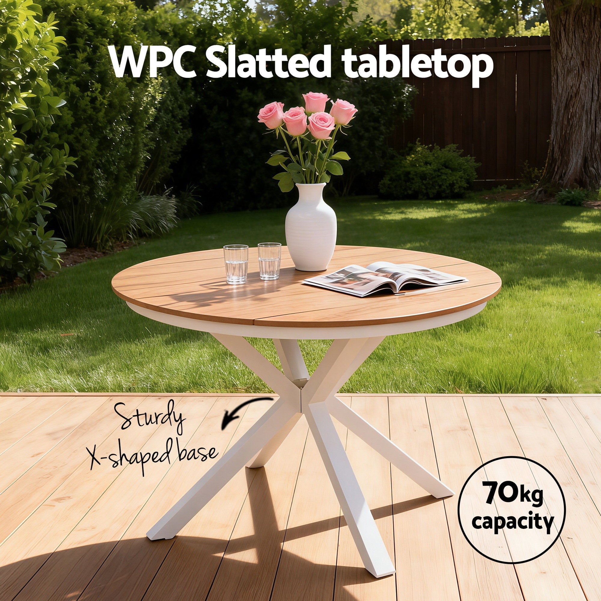 Outdoor 108CM Round Dining Table with Aluminum Frame and WPC Top - Natural White - Furniture > Living Room > Side Tables - Rivercity House & Home Co. (ABN 18 642 972 209) - Affordable Modern Furniture Australia
