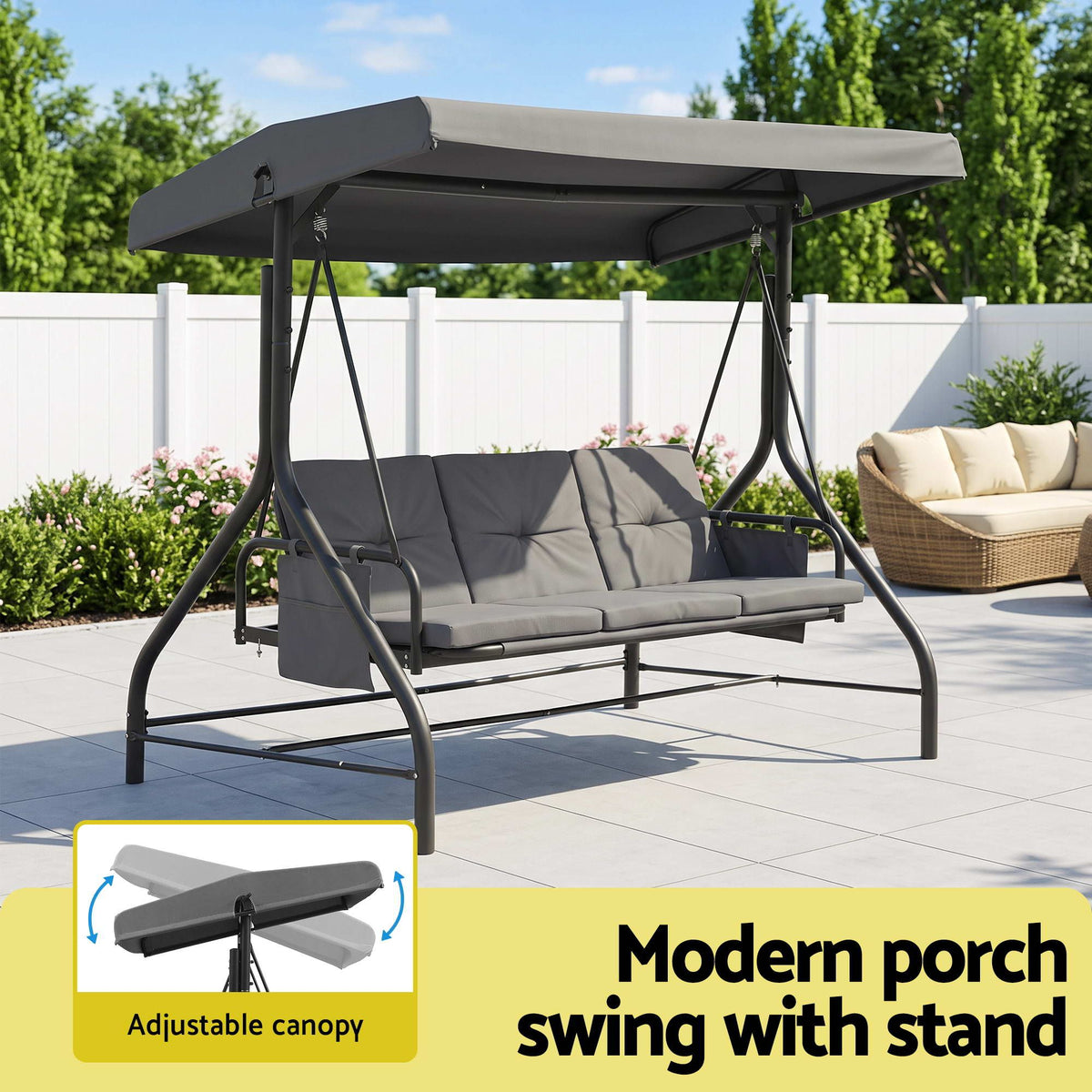 Outdoor 3-Seater Convertible Swing Chair with Canopy - Grey - Furniture > Outdoor > Outdoor Chairs - Rivercity House & Home Co. (ABN 18 642 972 209) - Affordable Modern Furniture Australia