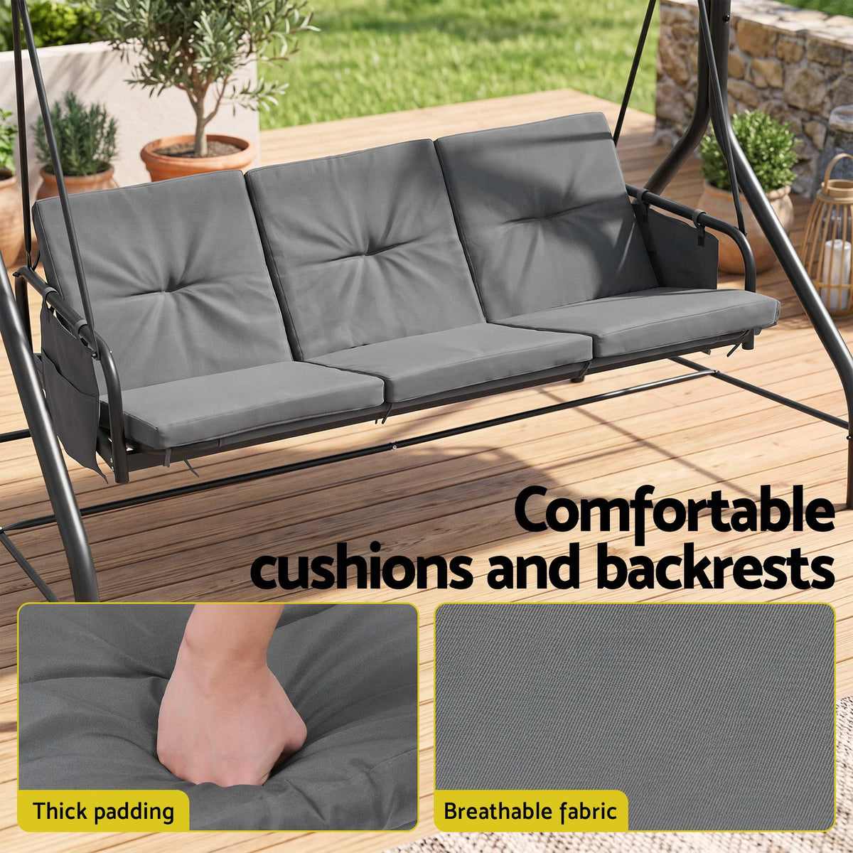 Outdoor 3-Seater Convertible Swing Chair with Canopy - Grey - Furniture > Outdoor > Outdoor Chairs - Rivercity House & Home Co. (ABN 18 642 972 209) - Affordable Modern Furniture Australia