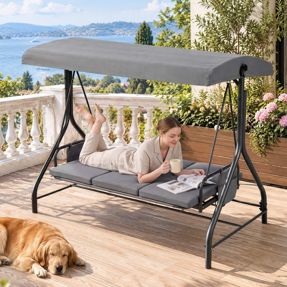 Outdoor 3-Seater Convertible Swing Chair with Canopy - Grey - Furniture > Outdoor > Outdoor Chairs - Rivercity House & Home Co. (ABN 18 642 972 209) - Affordable Modern Furniture Australia