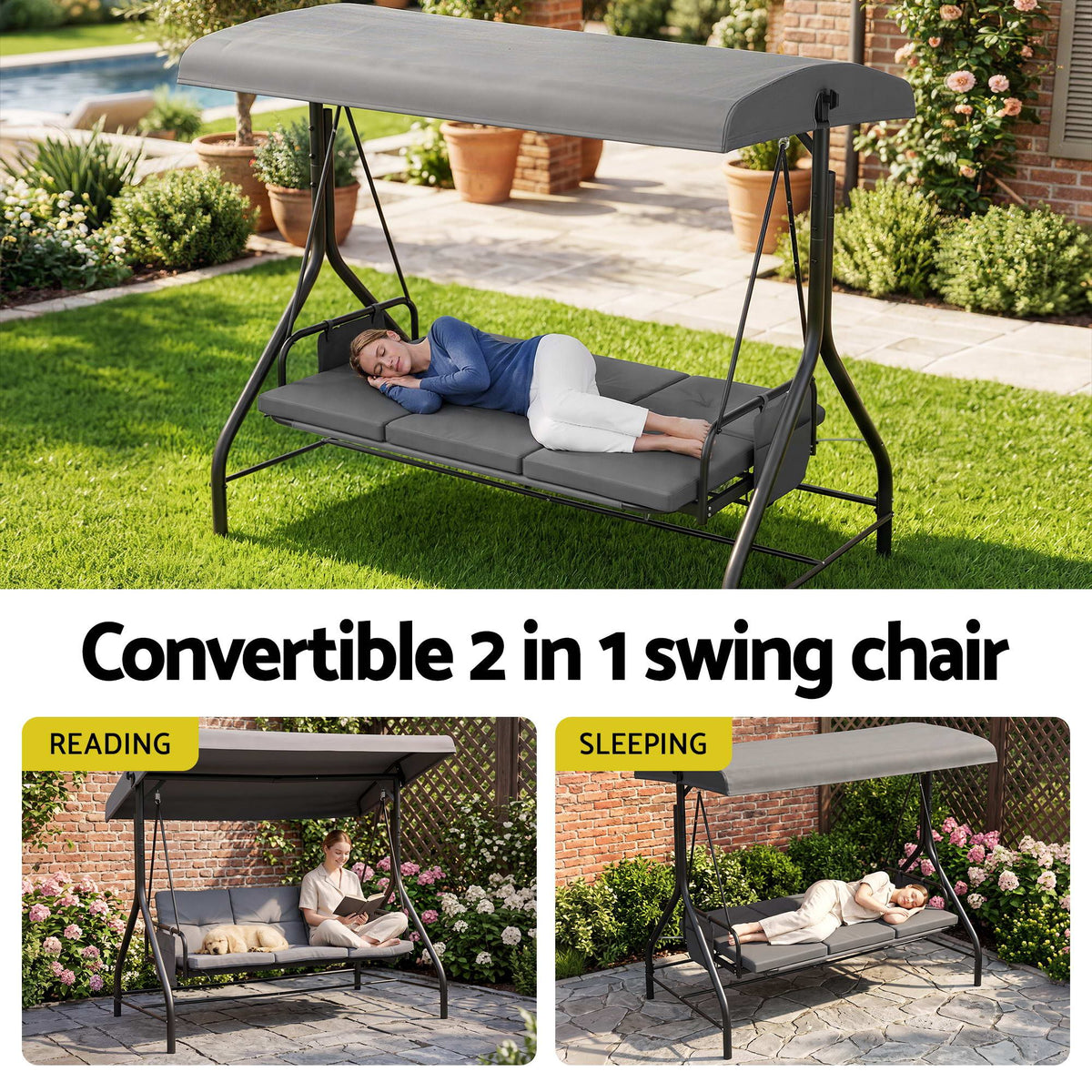 Outdoor 3-Seater Convertible Swing Chair with Canopy - Grey - Furniture > Outdoor > Outdoor Chairs - Rivercity House & Home Co. (ABN 18 642 972 209) - Affordable Modern Furniture Australia