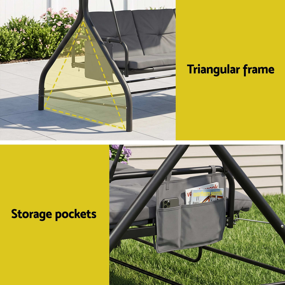 Outdoor 3-Seater Convertible Swing Chair with Canopy - Grey - Furniture > Outdoor > Outdoor Chairs - Rivercity House & Home Co. (ABN 18 642 972 209) - Affordable Modern Furniture Australia