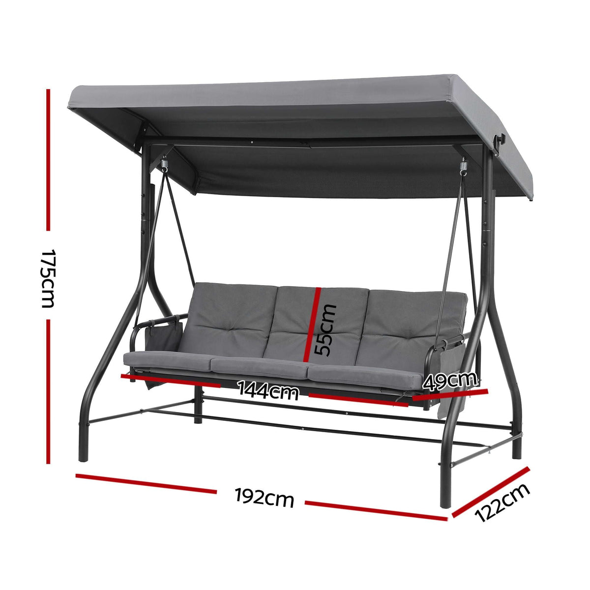 Outdoor 3-Seater Convertible Swing Chair with Canopy - Grey - Furniture > Outdoor > Outdoor Chairs - Rivercity House & Home Co. (ABN 18 642 972 209) - Affordable Modern Furniture Australia