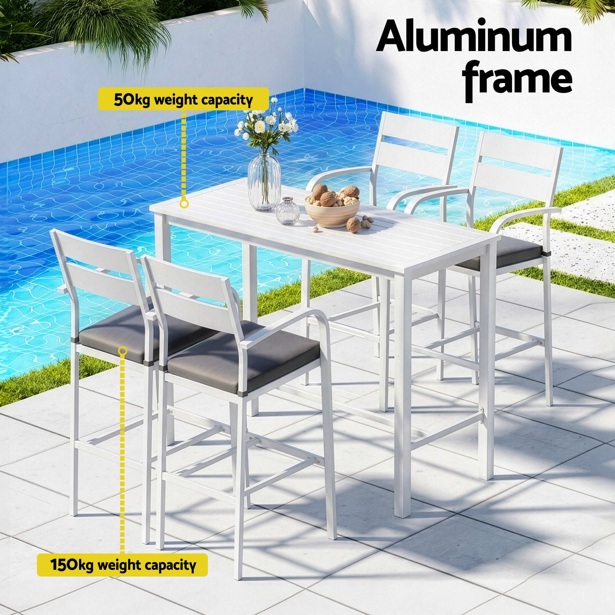 Outdoor Bar Set 5 - Piece Patio Dining Chairs Aluminium Table Stools White - Furniture > Bar Stools & Chairs > Table & Bar Stools - Rivercity House & Home Co. (ABN 18 642 972 209) - Affordable Modern Furniture Australia