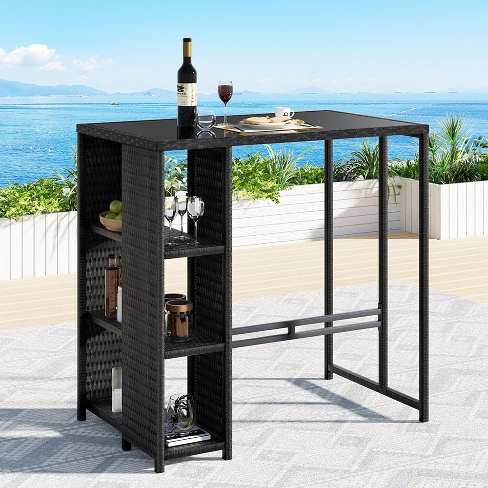 Outdoor Bar Table Wicker Dining Bistro Glass Desk Steel Patio Furniture Black - Furniture > Bar Stools & Chairs > Table & Bar Stools - Rivercity House & Home Co. (ABN 18 642 972 209) - Affordable Modern Furniture Australia