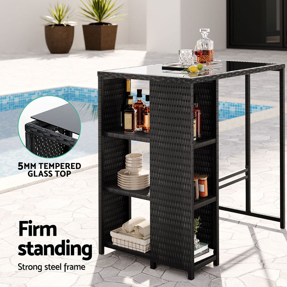 Outdoor Bar Table Wicker Dining Bistro Glass Desk Steel Patio Furniture Black - Furniture > Bar Stools & Chairs > Table & Bar Stools - Rivercity House & Home Co. (ABN 18 642 972 209) - Affordable Modern Furniture Australia